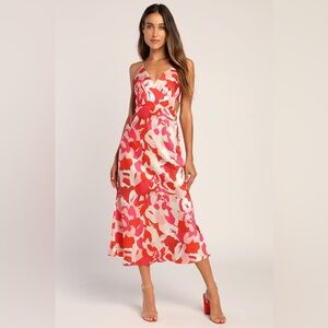 Lulus Front Page Hues Coral Multi Floral Print Satin Midi Dress